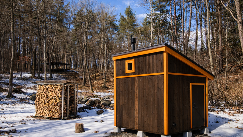 雪の中に佇む、薪ストーブのプライベート・サウナ小屋。
